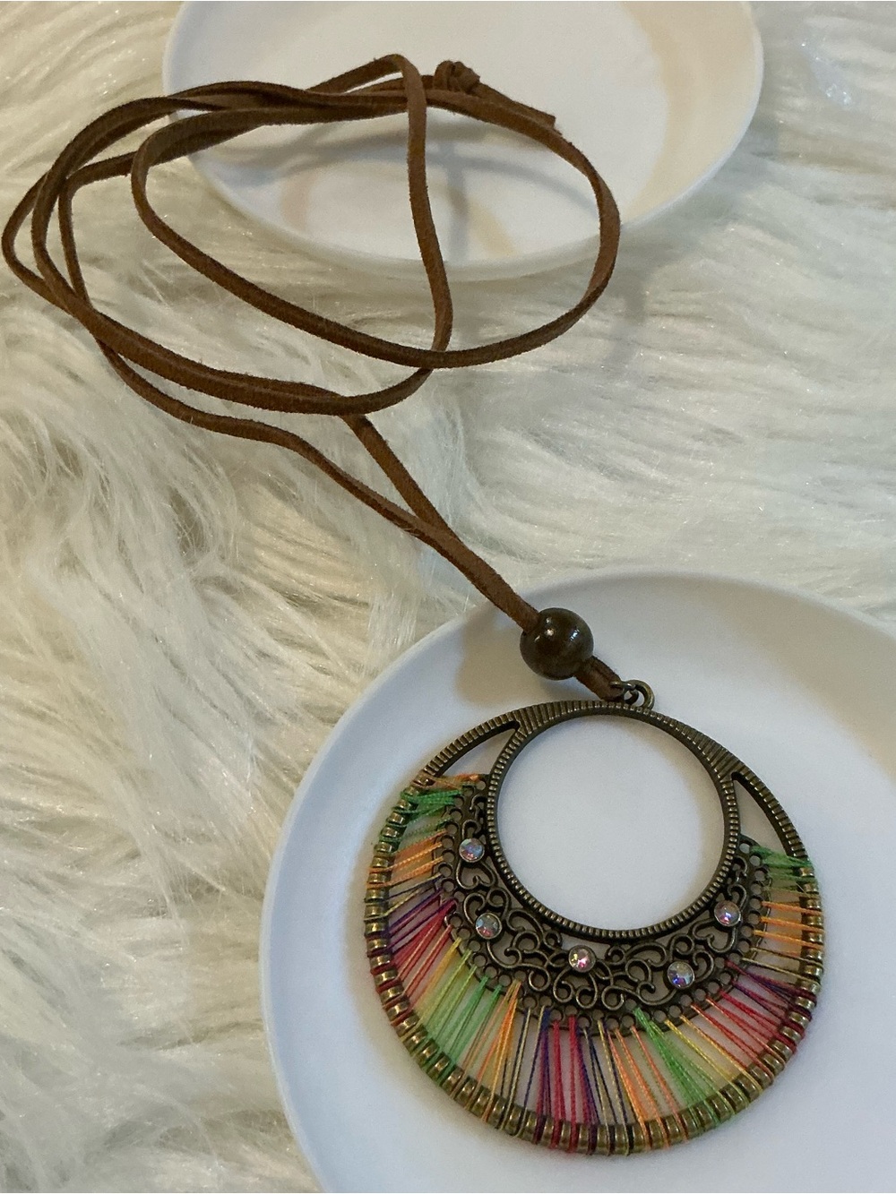Boho Woven Colorful String Pendant Necklace with Suede Brown Cord